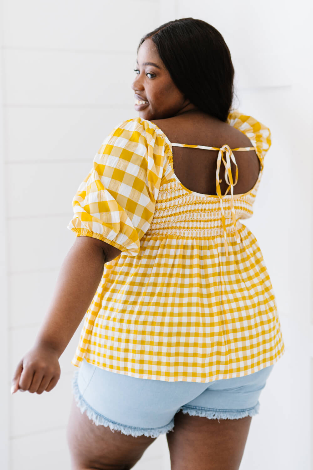 Sunny Meadow Full Size Run Gingham Babydoll Top