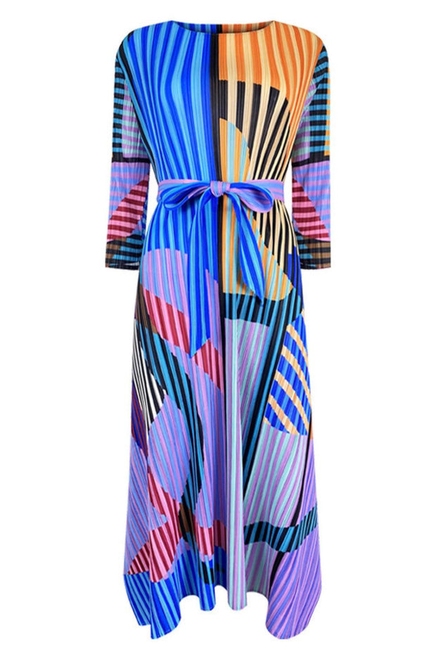 Mixed Print Accordion Pleated Belted Side Slit Dress - Rico Goods by Rico Suarez