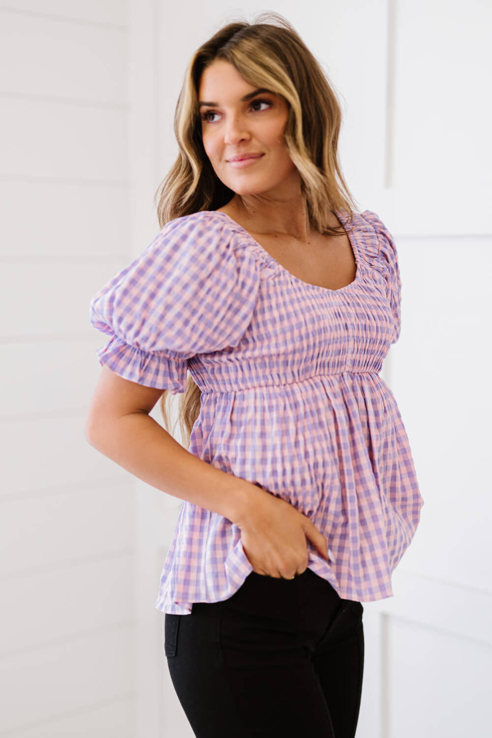 Youthful Days Full Size Run Gingham Smocked Babydoll Top