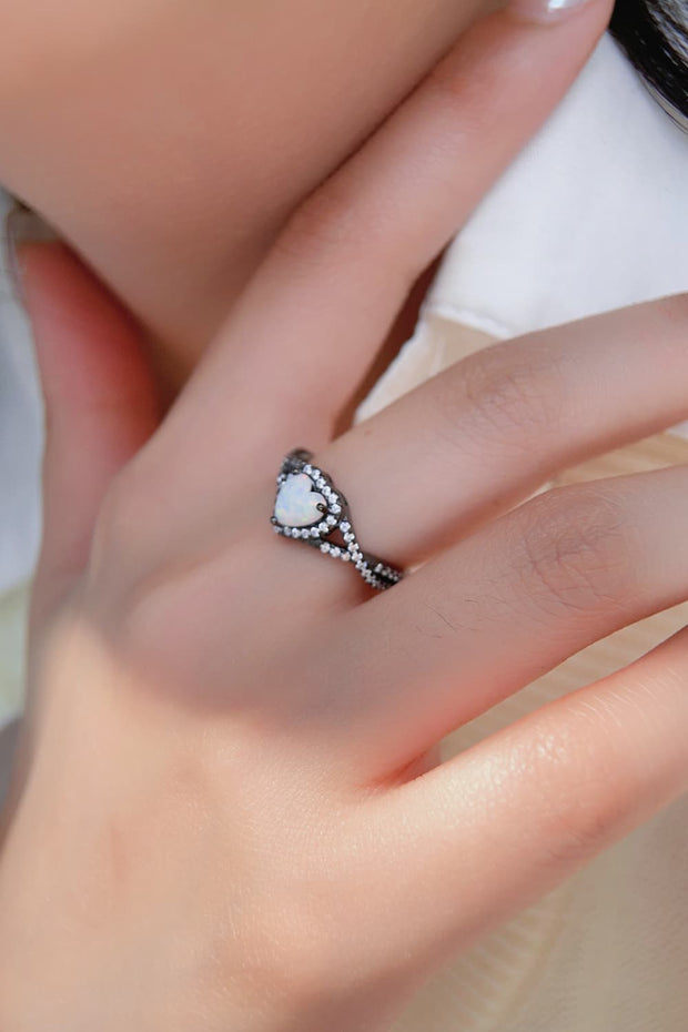 Opal Heart Black Gold-Plated Ring