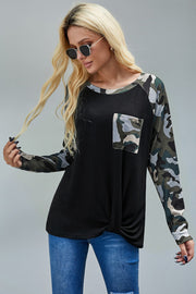 Camouflage Contrast Pocketed Long Sleeve Top