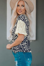 Leopard Print Lace Sleeve Round Neck Tee - Rico Goods by Rico Suarez