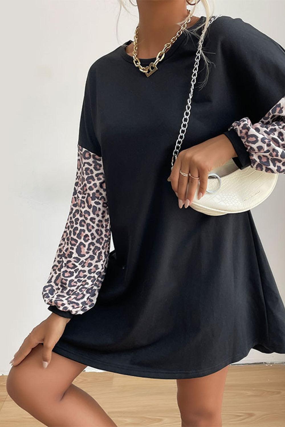 Leopard Print Sleeve Sweatshirt Dress - Rico Goods by Rico Suarez