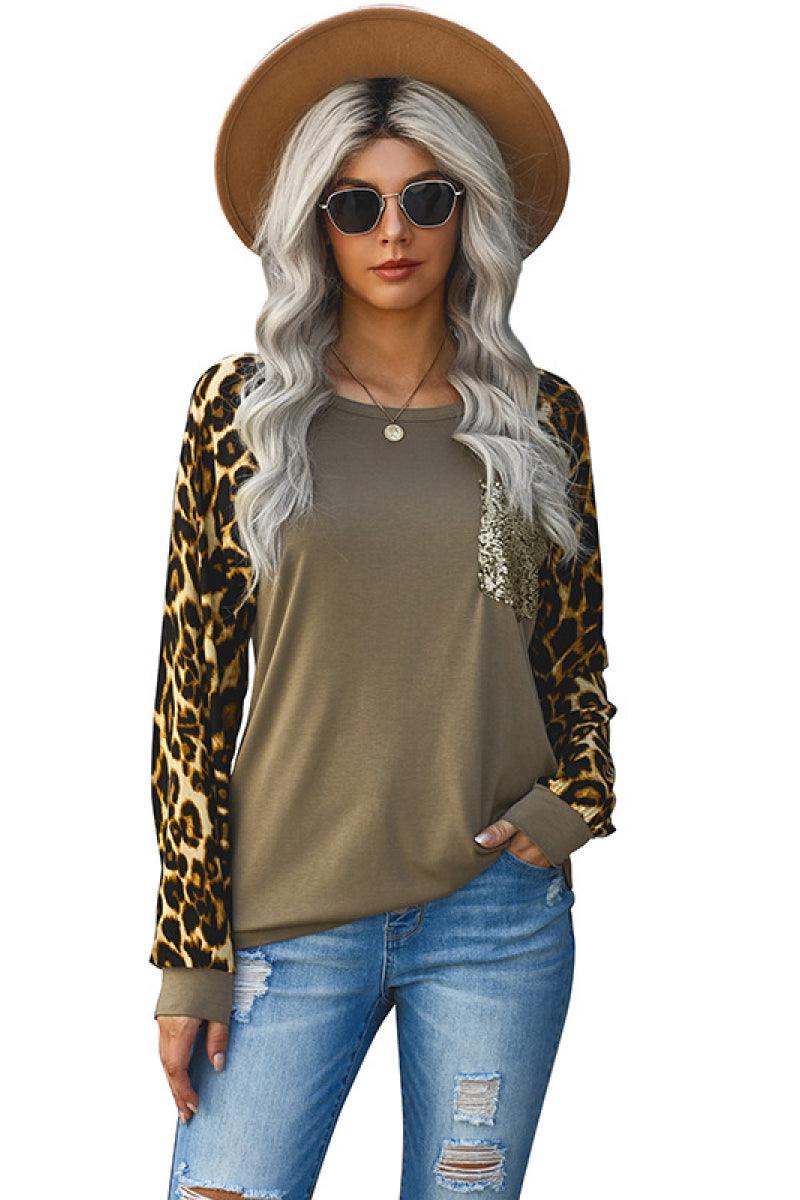 Leopard Contrast Sequin Pocketed Long Sleeve Top - Rico Goods by Rico Suarez