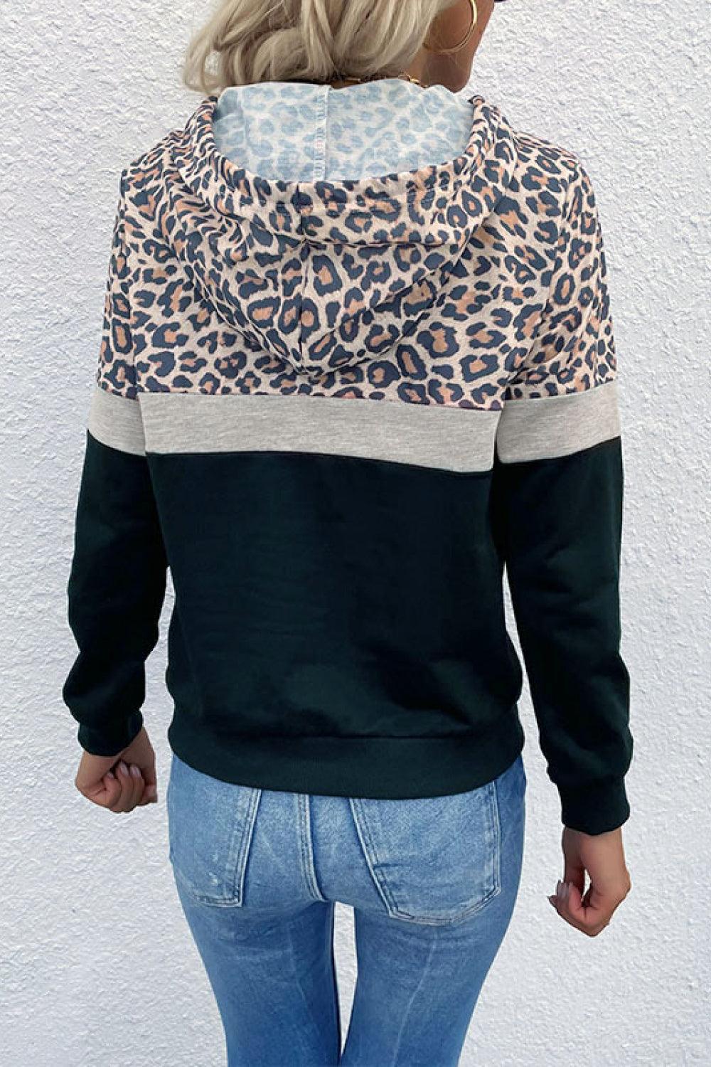 Leopard Color Block Long Sleeve Drawstring Hoodie - Rico Goods by Rico Suarez