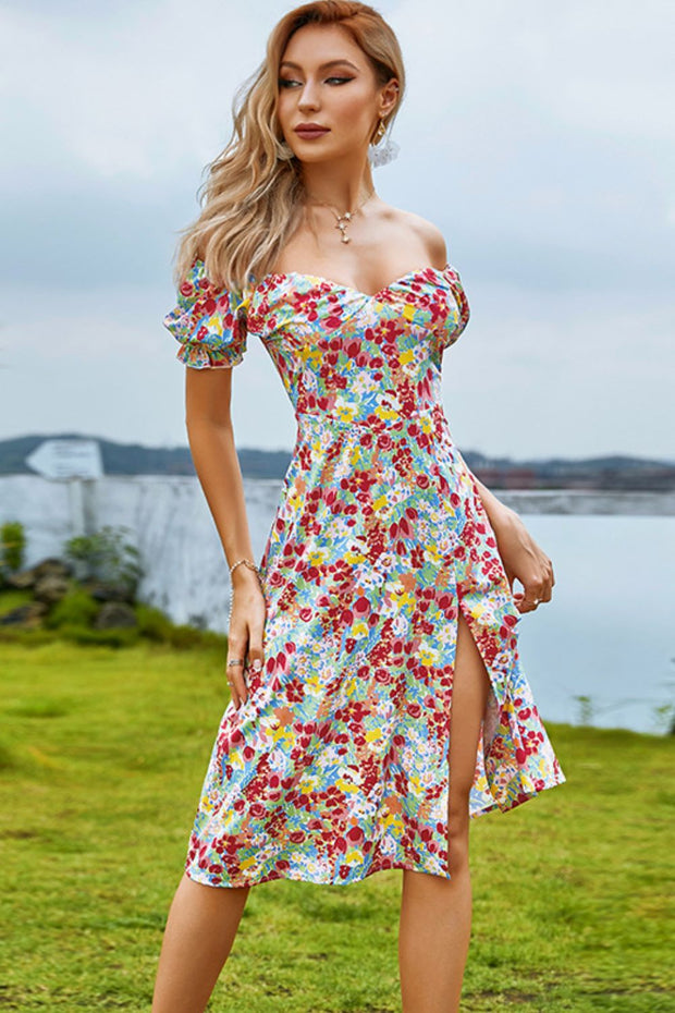 Floral Off-Shoulder Puff Sleeve Split Dress