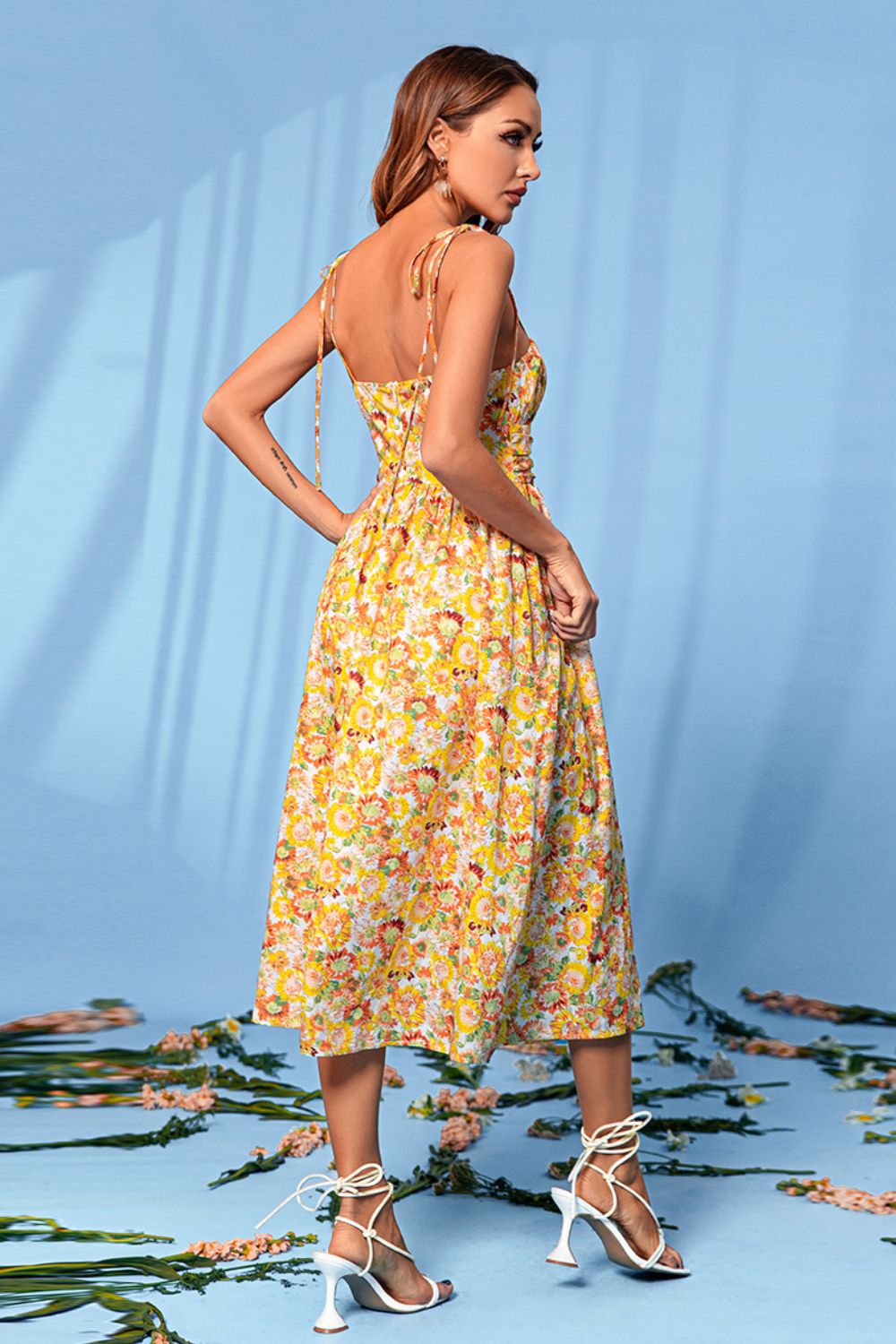 Floral Tie-Shoulder Sleeveless Midi Dress