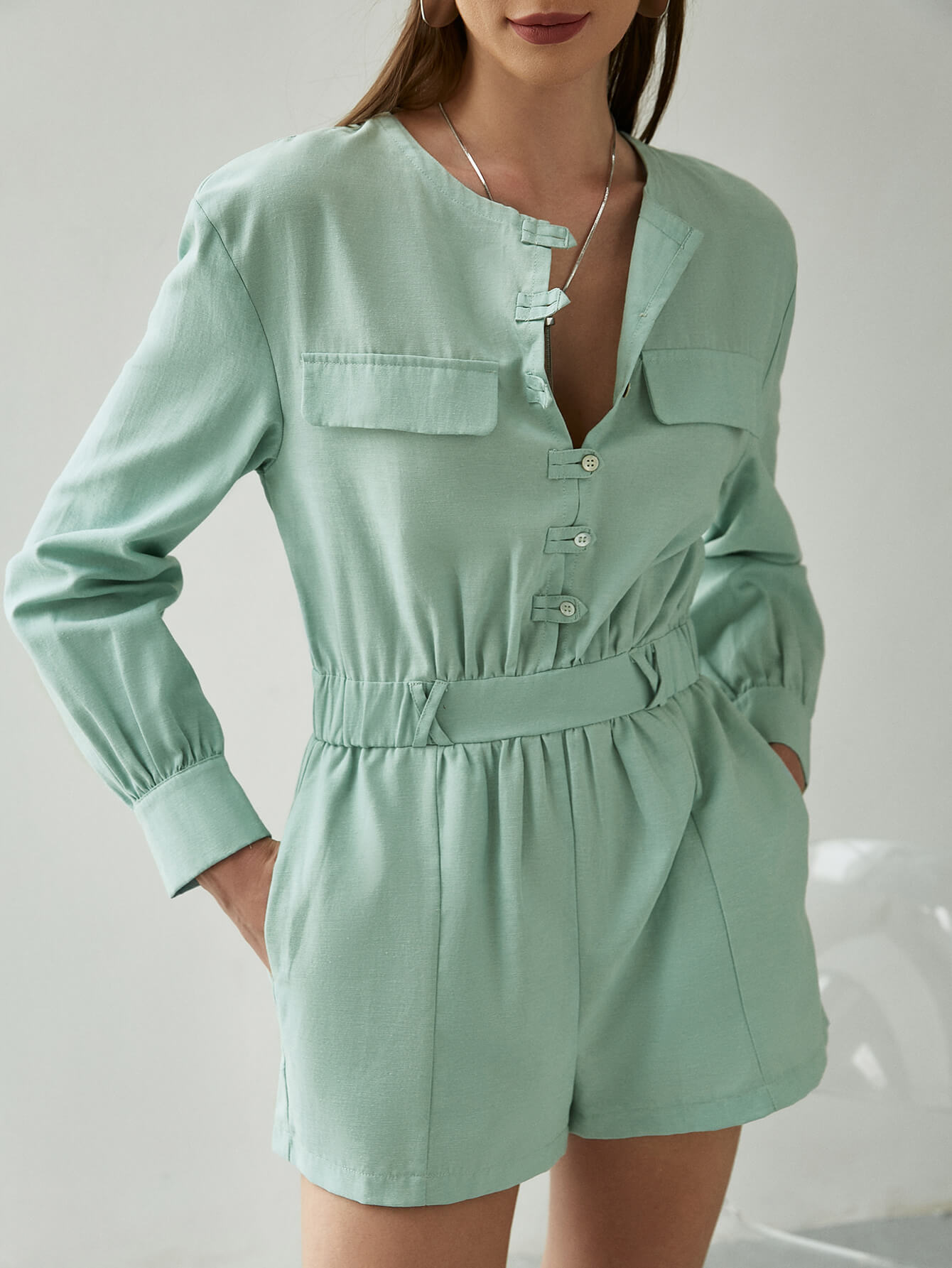 Buttoned Round Neck Romper with Pockets