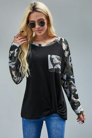 Camouflage Contrast Pocketed Long Sleeve Top