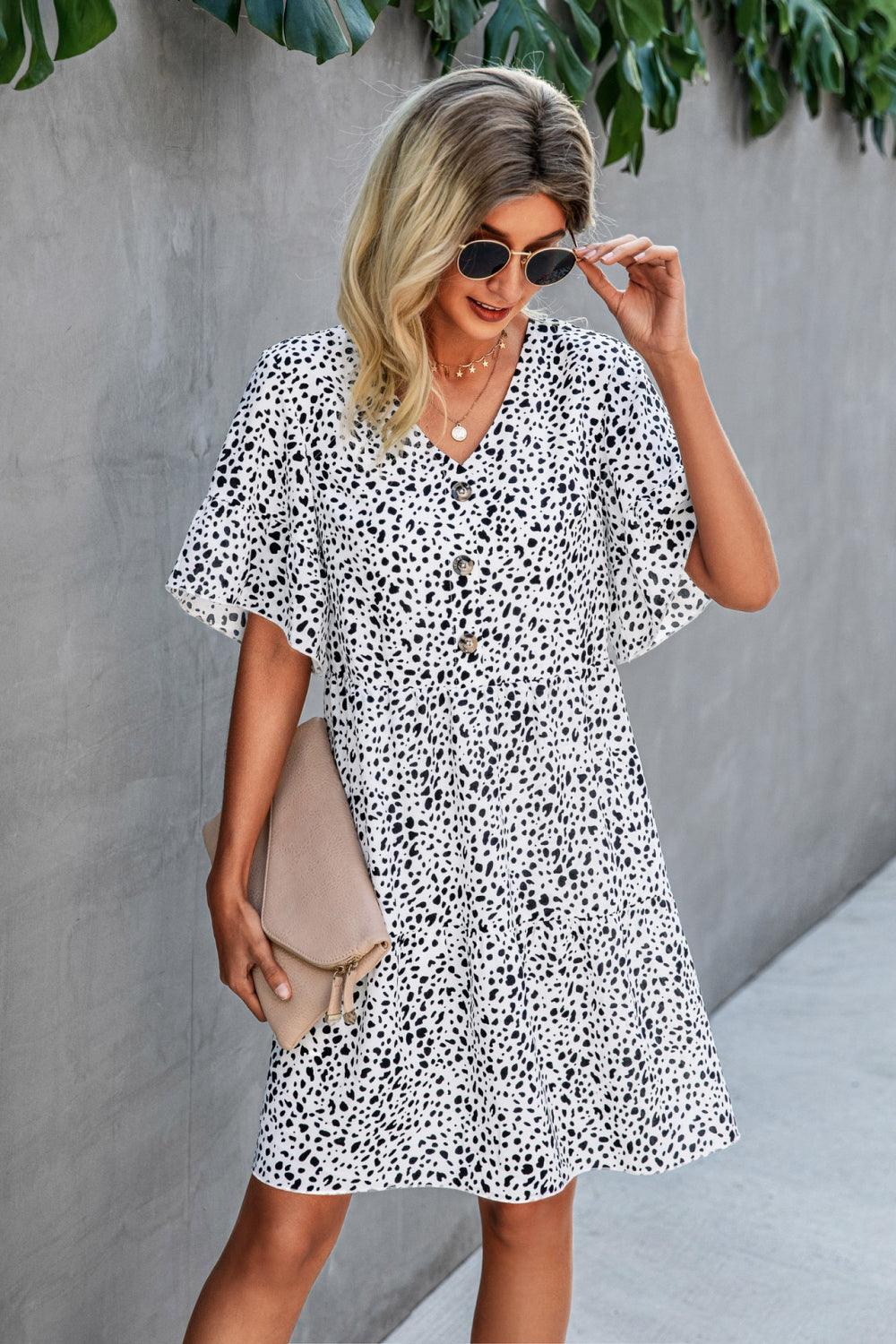 Printed Mid Flounce Sleeve Buttoned Dress - Rico Goods by Rico Suarez