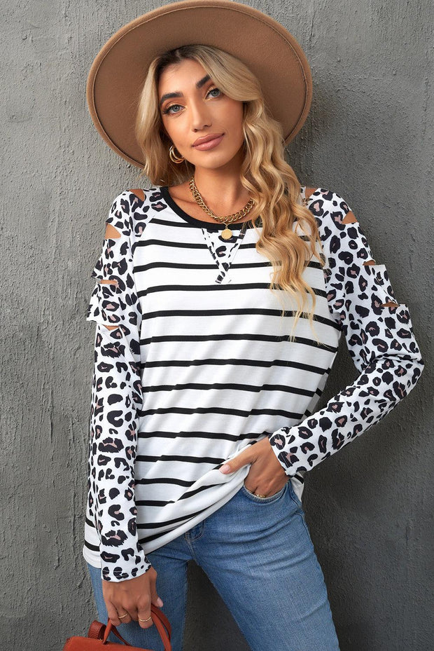 Leopard Print Striped Distressed Long Sleeve Tee - Rico Goods by Rico Suarez