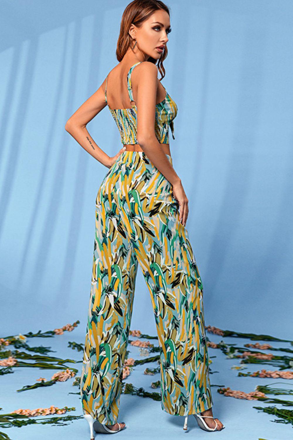 Printed Tie-Front Bralette and Wide Leg Pants Set - Rico Goods by Rico Suarez