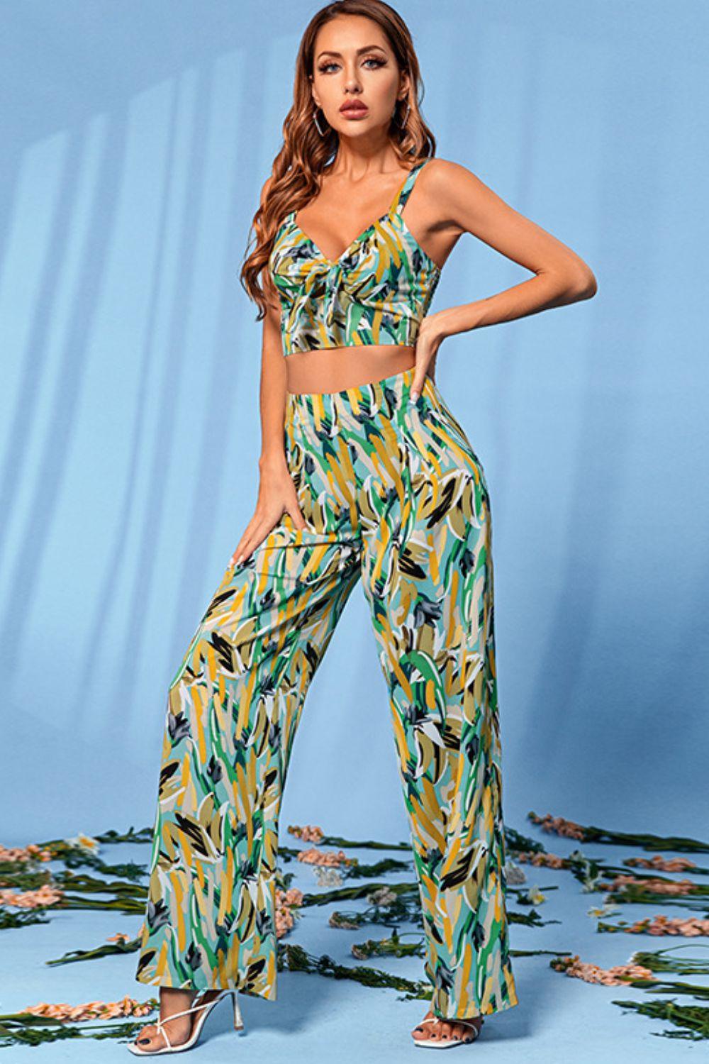 Printed Tie-Front Bralette and Wide Leg Pants Set - Rico Goods by Rico Suarez