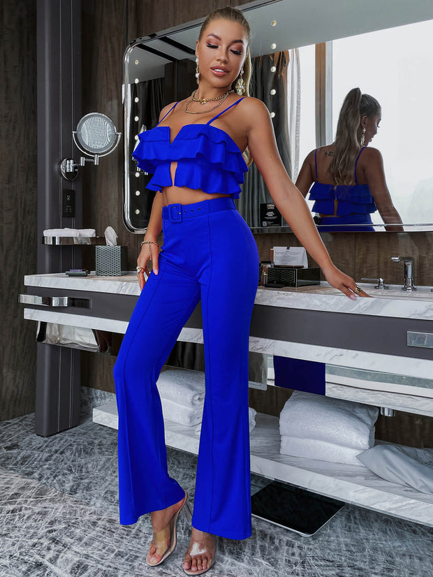 Layered Cami and Belted Flared Pants Set