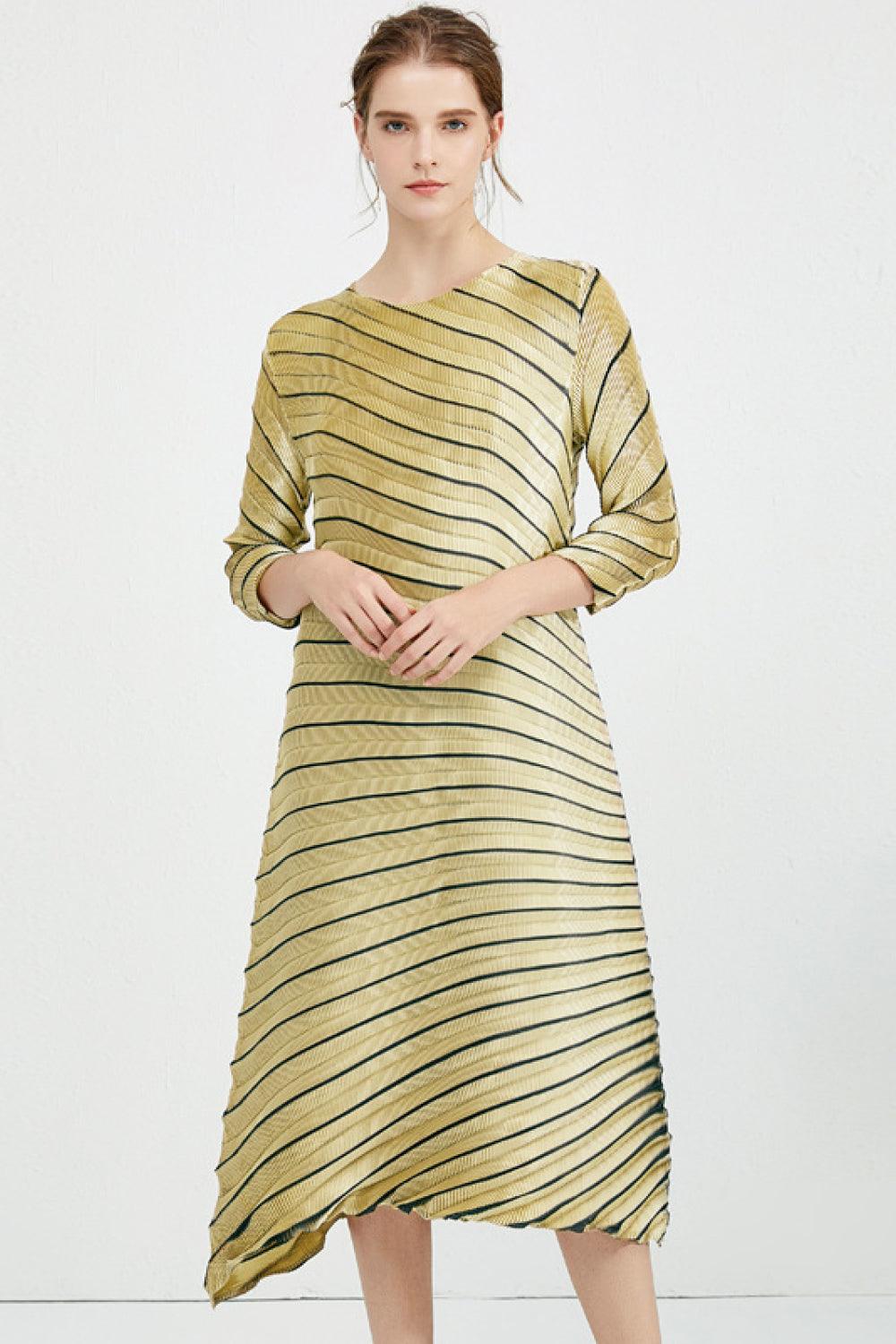 Striped Asymmetrical Pleated Round Neck Midi Dress - Rico Goods by Rico Suarez