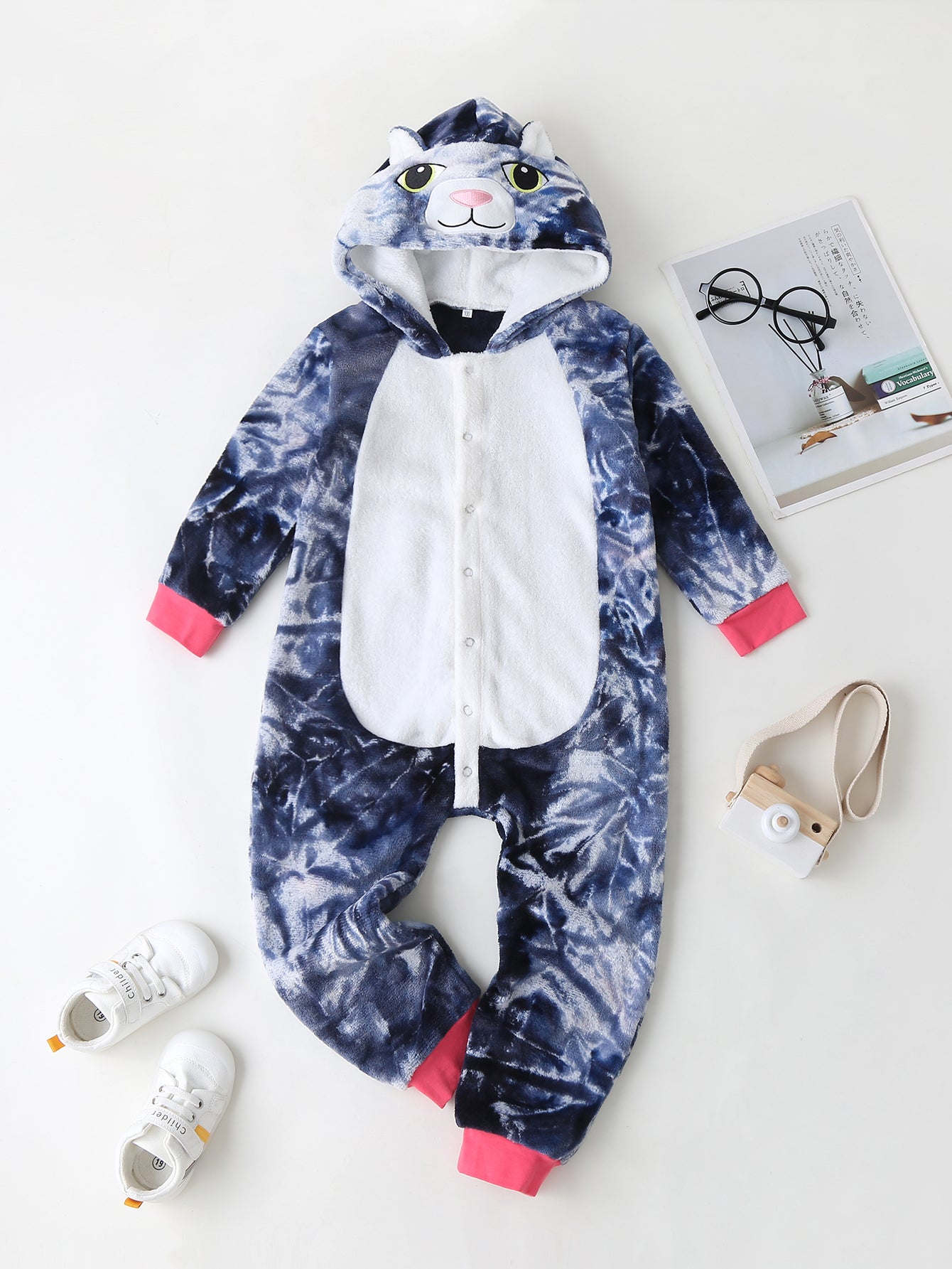 Baby Cat Feature Tie-Dye Hooded Jumpsuit
