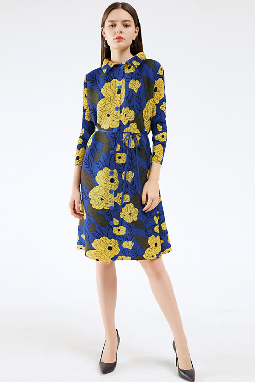 Floral Pleated Side Slit Shirt Dress (Belt Not Included)