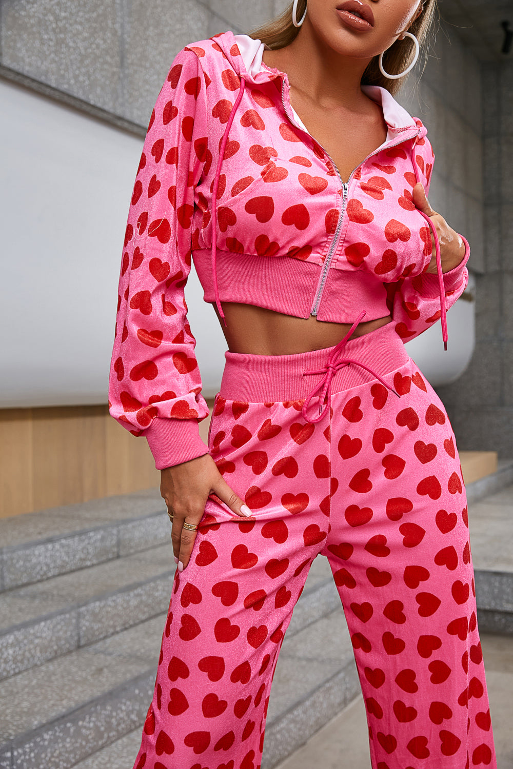 Heart Print Velour Zip Up Cropped Jacket and Pants Set