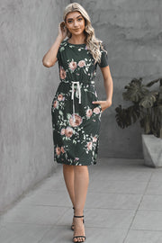 Pocketed Drawstring Casual Floral Dress