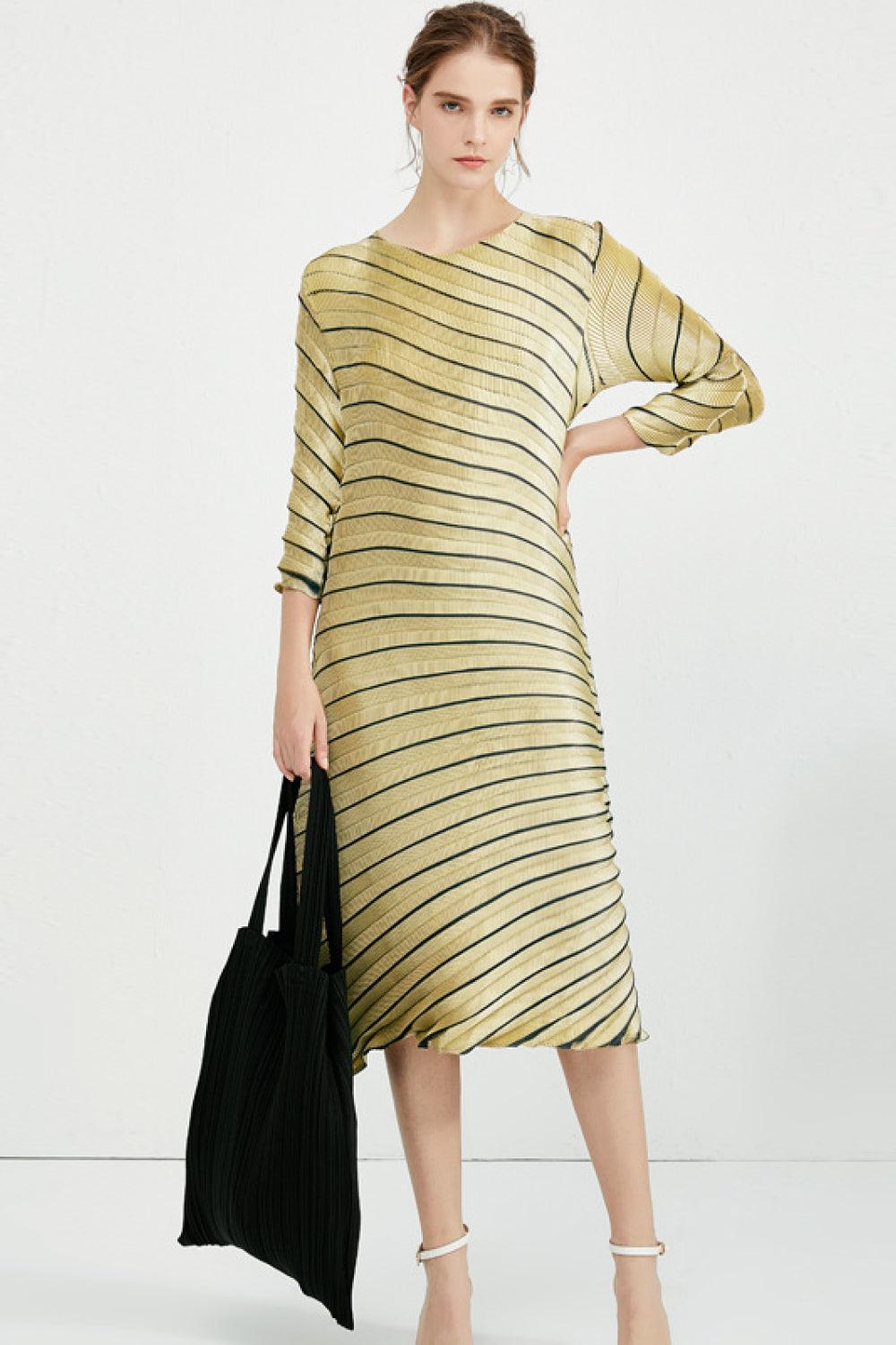 Striped Asymmetrical Pleated Round Neck Midi Dress - Rico Goods by Rico Suarez