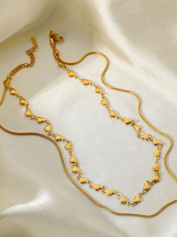 Double-Layered Heart and Snake Chain Necklace