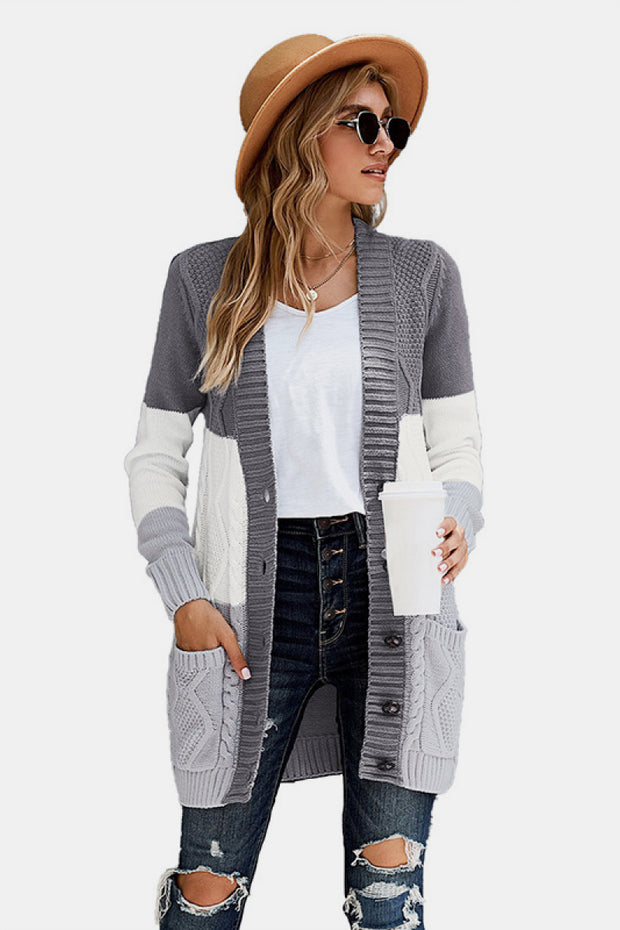 Button Pocket Cable Knit Cardigan