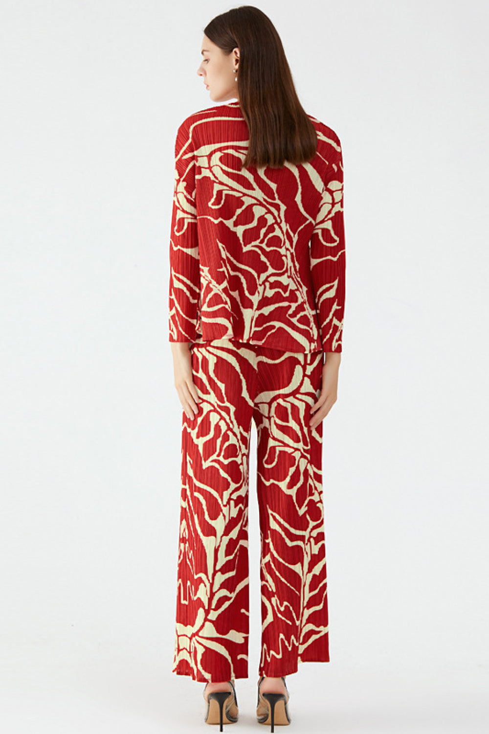 Abstract Print Accordion Pleated Top and Wide Leg Pants Set