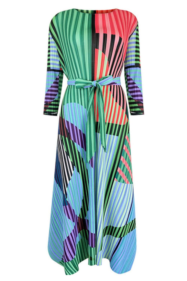 Mixed Print Accordion Pleated Belted Side Slit Dress - Rico Goods by Rico Suarez