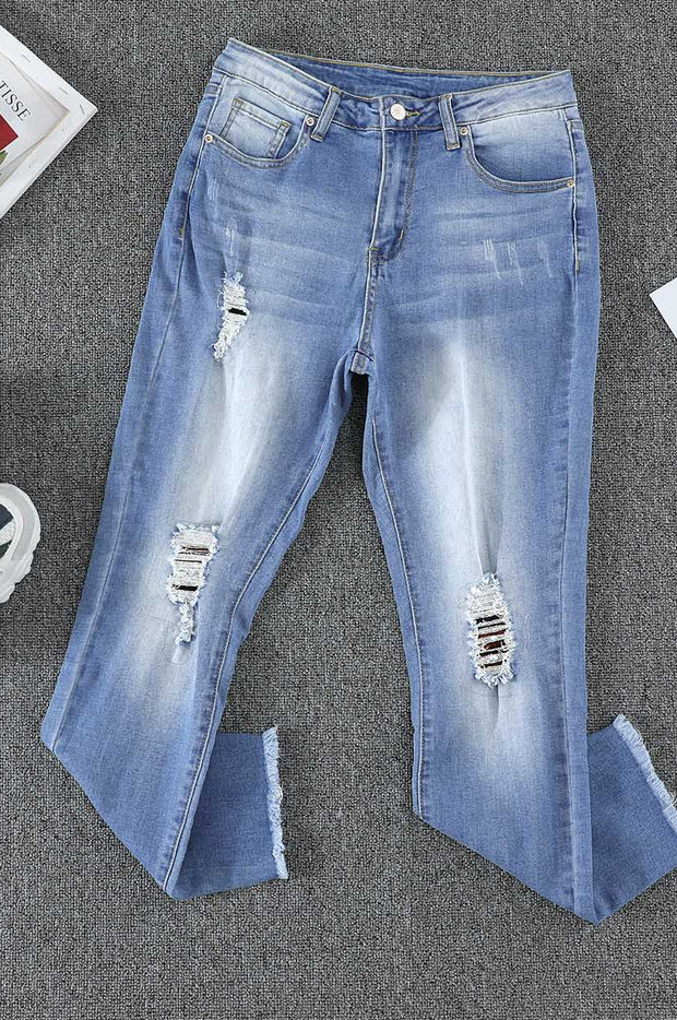 Plaid Patchwork Frayed Hem Ripped Jeans