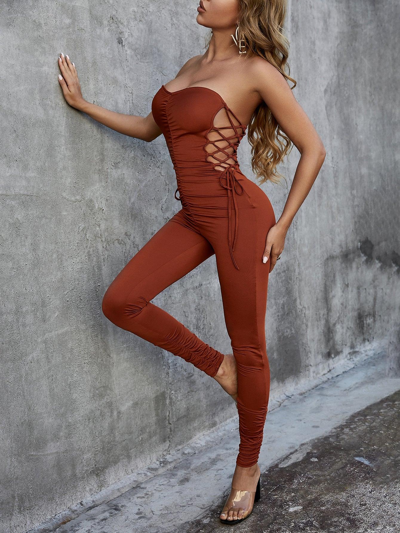 Lace Up Strapless Ruched Jumpsuit - Rico Goods by Rico Suarez