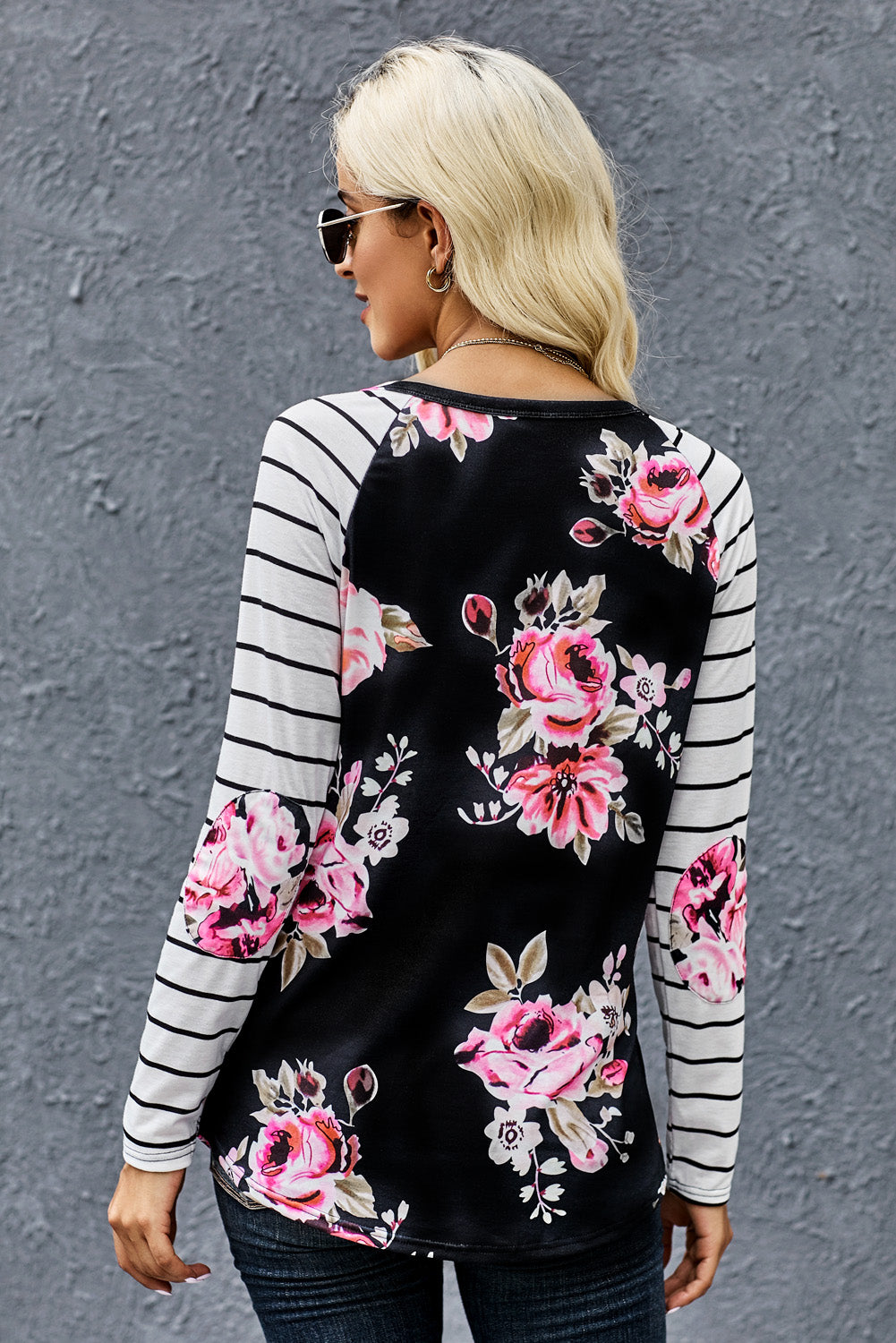 Floral Striped Elbow Patch Top