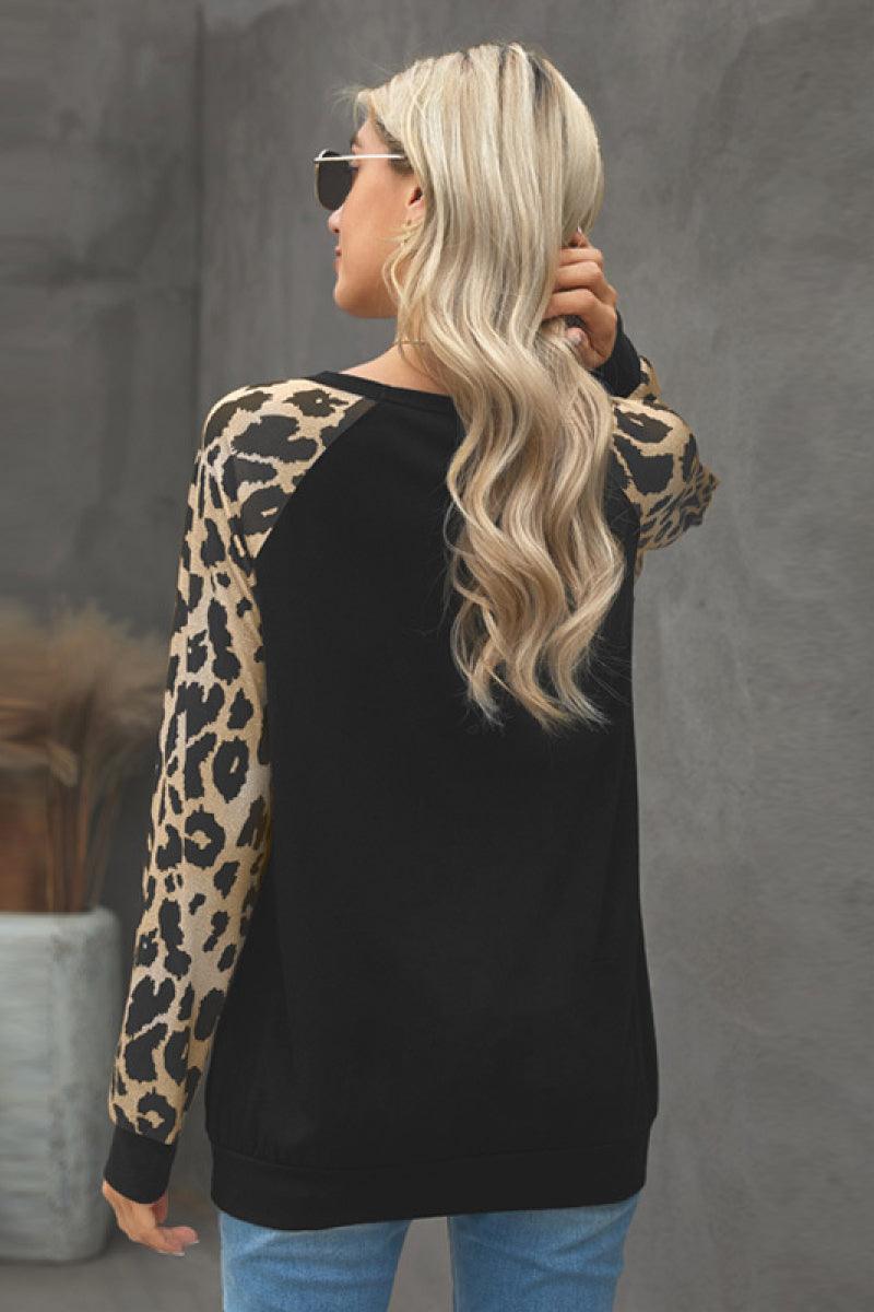 Leopard Contrast Sequin Pocketed Long Sleeve Top - Rico Goods by Rico Suarez