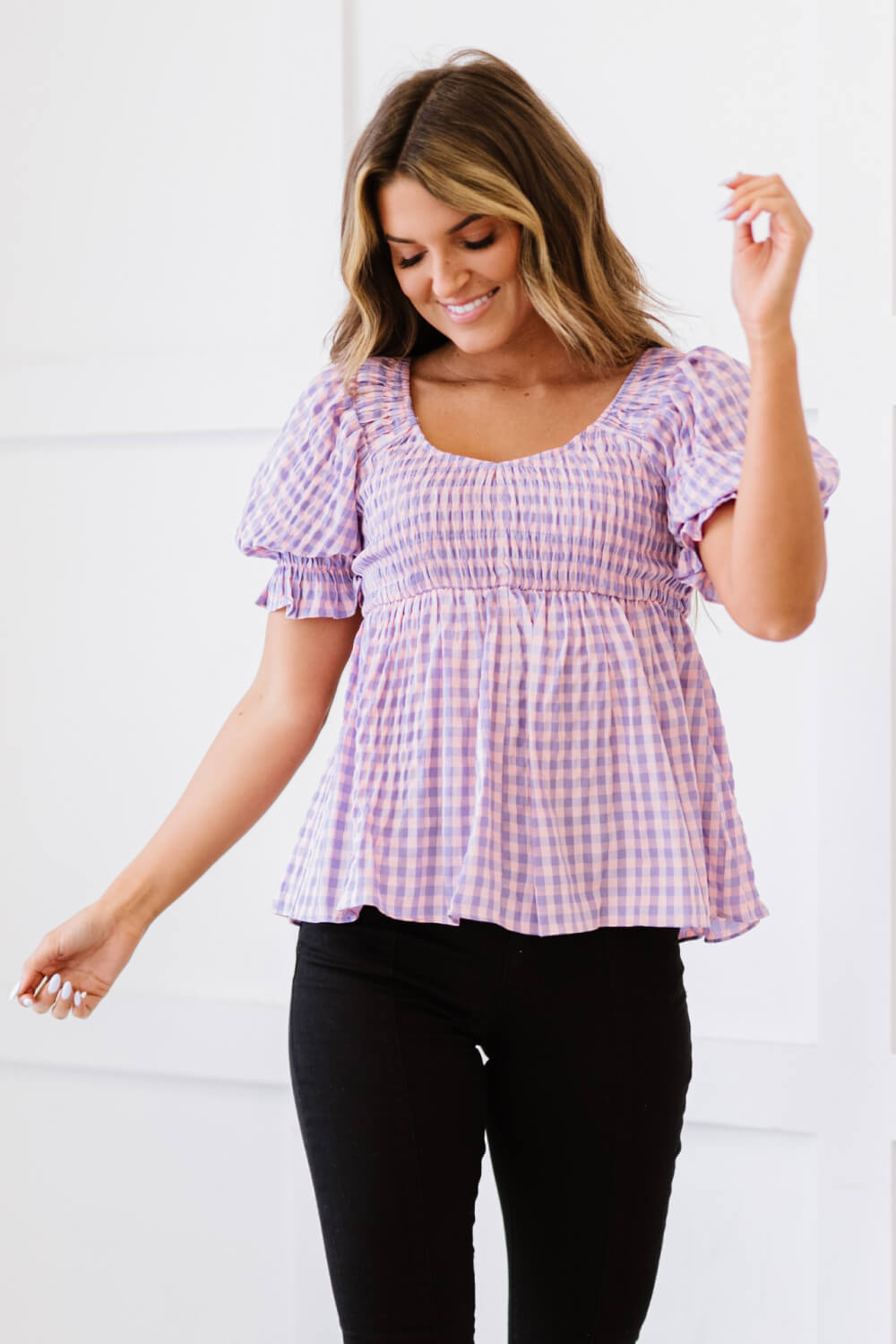 Youthful Days Full Size Run Gingham Smocked Babydoll Top