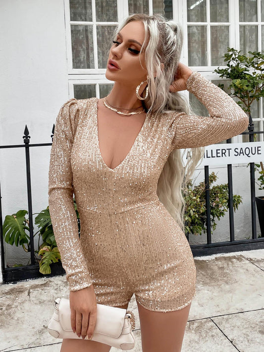 Sequin Puff Sleeve Plunge Romper - Rico Goods by Rico Suarez