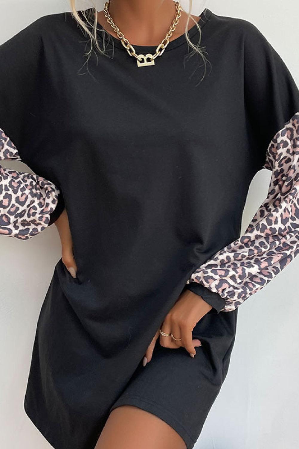 Leopard Print Sleeve Sweatshirt Dress - Rico Goods by Rico Suarez